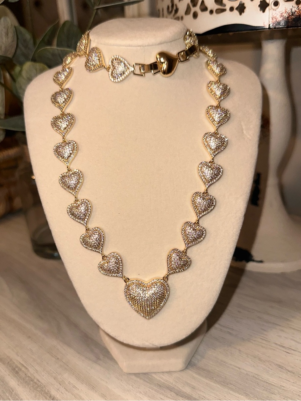 18K Gold Filled AAA CZ Pave Heart Necklace & Bracelet Set NEW